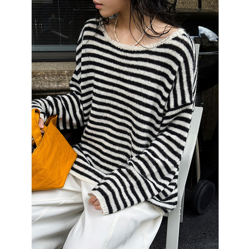 Louvre Early Autumn New Korean Style Simple and Relaxed Striped Wool Sweater Soft and Skin-Friendly Loose Top for Women