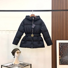2025PRA家gw款连帽厚面料收腰腰带款黑色户外韩版羽绒服女夹克