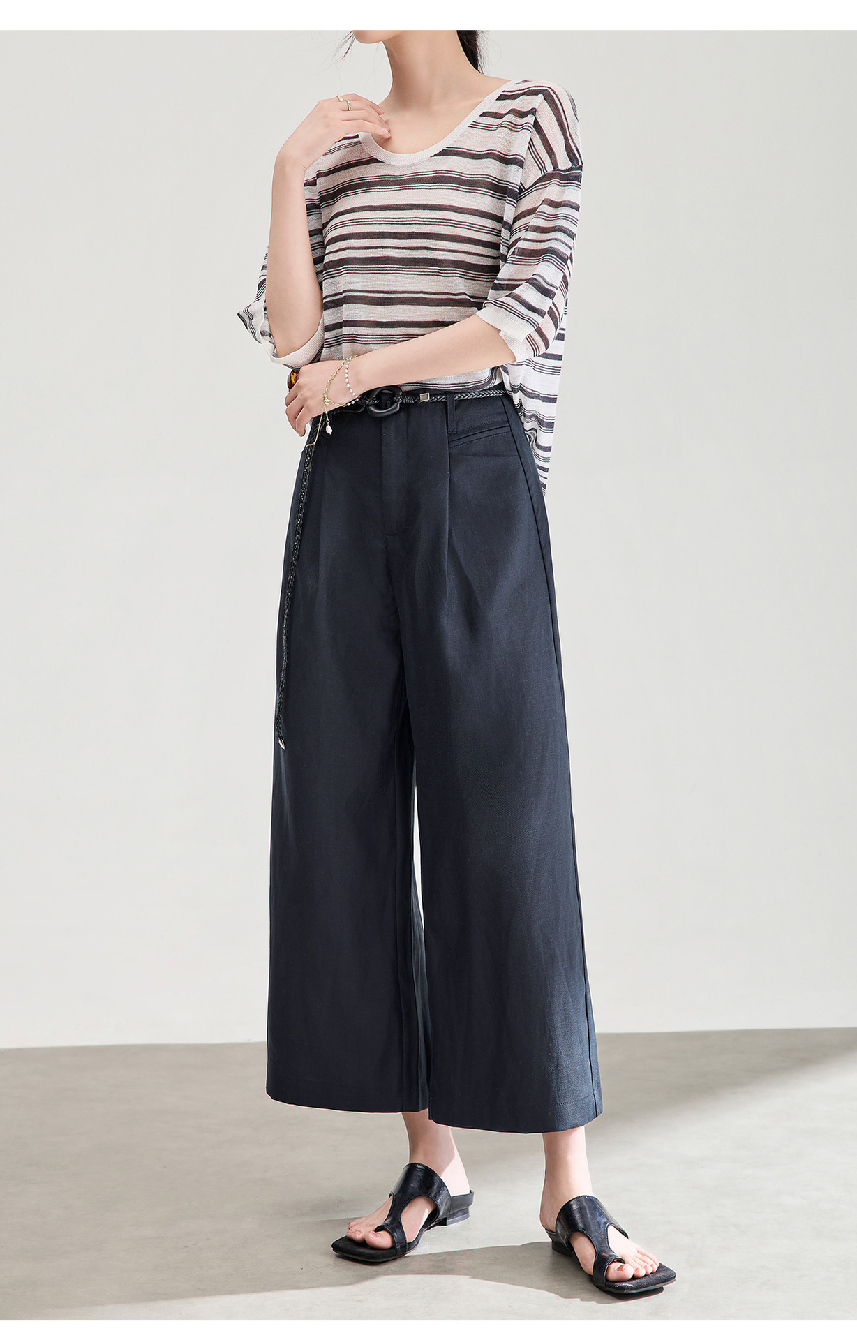 Quần culottes nữ ống rộng chất liệu linen phối sợi tencel, cạp cao dáng suông, mặc mùa hè thoáng mát — Xanh lông mòng đen chi tiết 17
