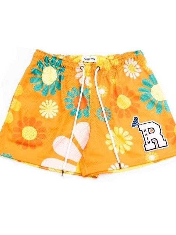 European and American Street Basketball Shorts Men's Retro Flower Print Quarter Pants Quick-Drying Knee-Length Summer Sports Pants