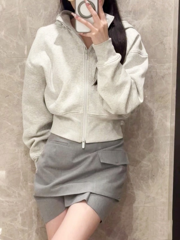 白灰色短款卫衣外套2025早秋新款连帽开衫美式辣妹运动休闲上衣|undefined
