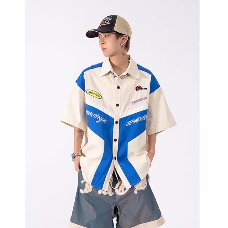 American Retro Embroidered Heavy Motorcycle Short-sleeved Shirt Men's Fashionable Brand Summer Street Fried Handsome Niche Racing Workwear Shirt American Retro Embroidered Heavy Motorcycle Short-sleeved Shirt Men's Fashionable Brand Summer Street Fried Handsome Niche Racing Workwear Shirt