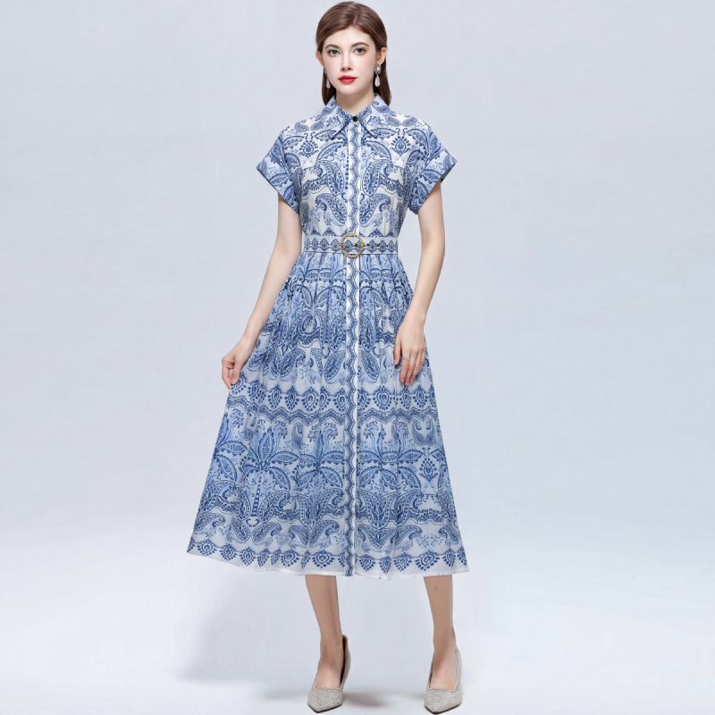 3031-10 Elegant Shirt-Collar Dress for Women, Waist-Cinching, Slimming, Mid-Length Casual Printed Dress with Belt Included 3031-10 Elegant Shirt-Collar Dress for Women, Waist-Cinching, Slimming, Mid-Length Casual Printed Dress with Belt Included
