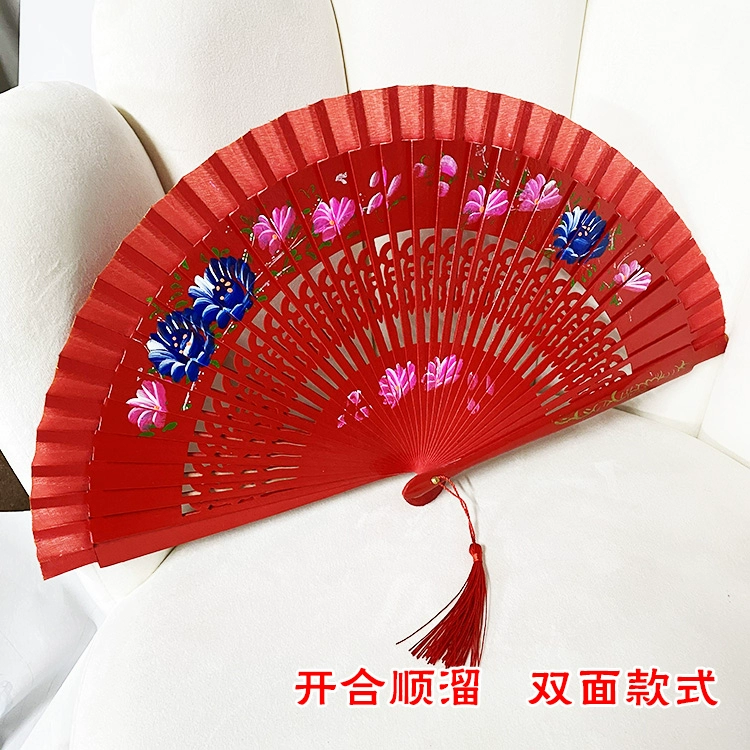 Классический двусторонний круглый веер синего и белого с красными элементами, танцевальный чёнсам, китайский стиль, для подиума