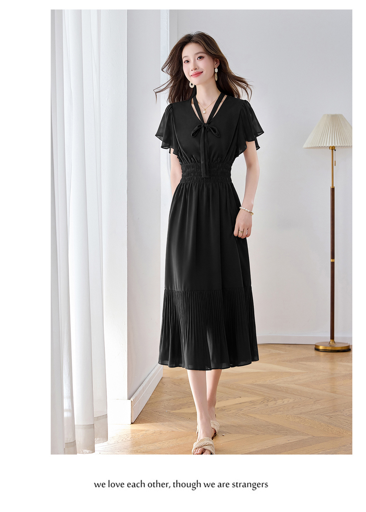 Đầm maxi nữ họa tiết hoa nhí thắt eo dáng chữ A dài quá gối — màu đen, màu hồng chi tiết 18