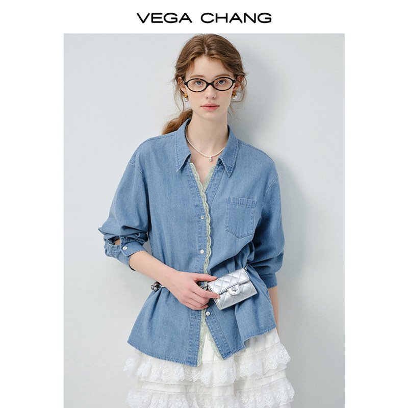 VEGA CHANG白色衬衫女长袖2025年秋装新款欧若风蕾丝薄款宽松上衣|undefined