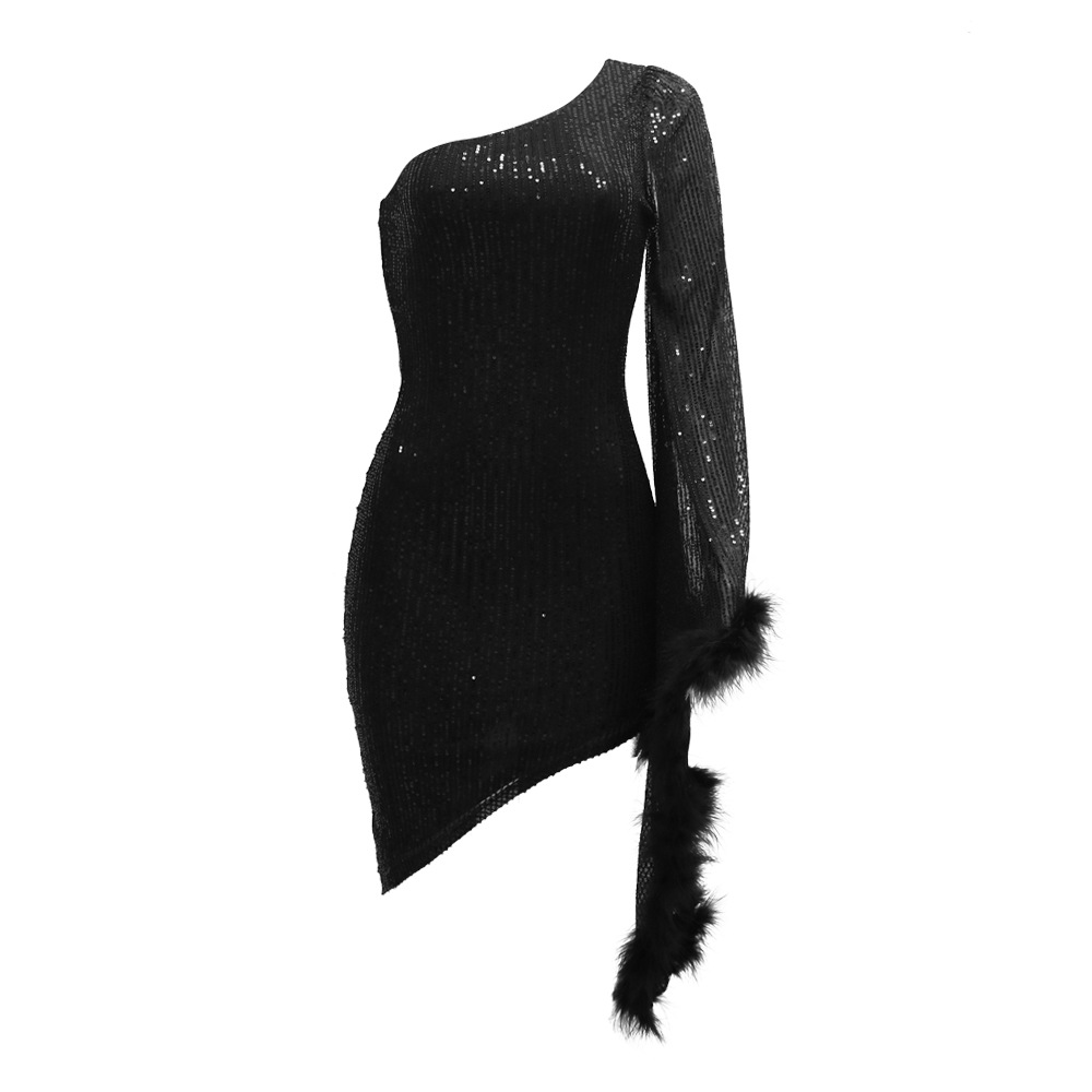 Diagonal Collar Irregular Asymmetric Sequined Sheath Dress for Women