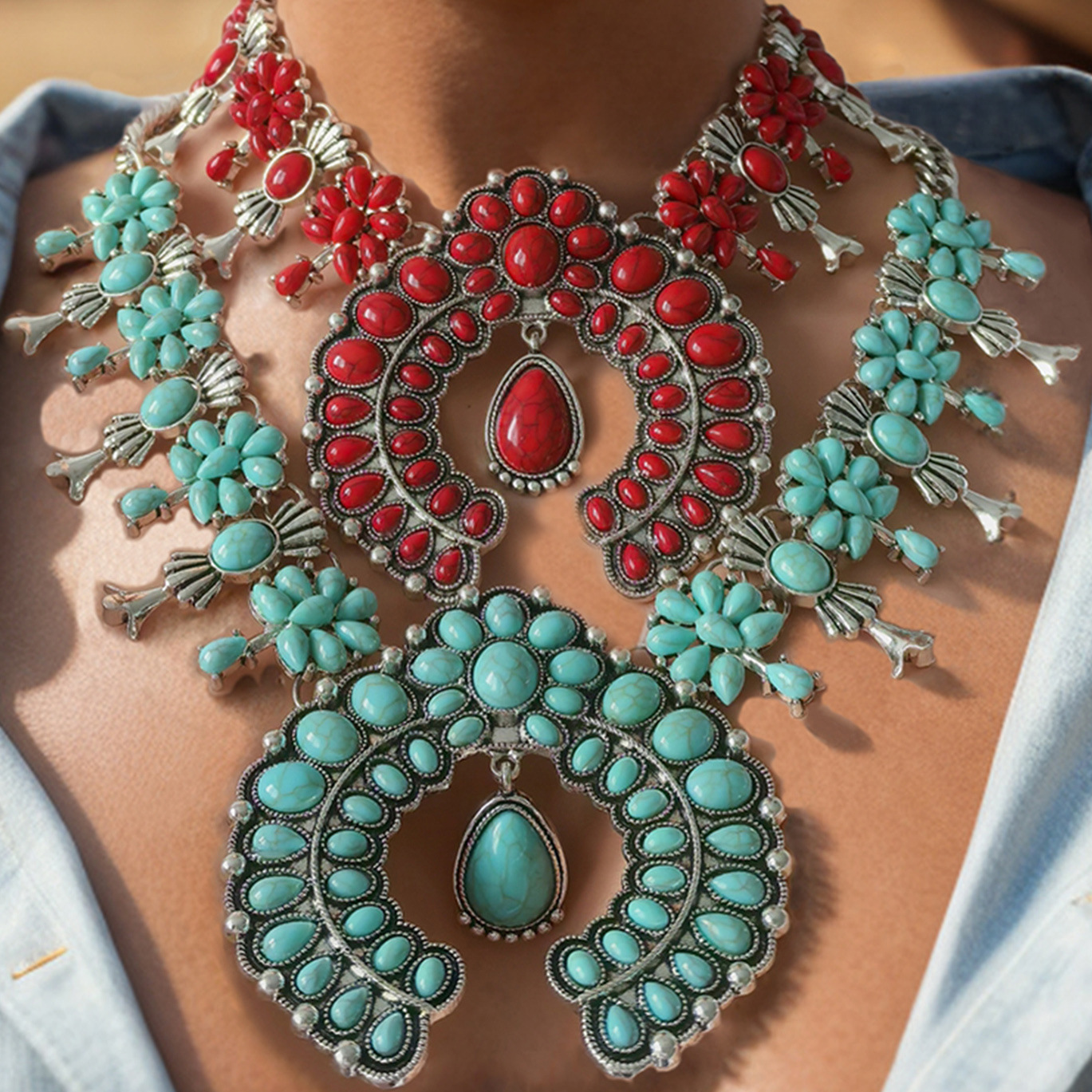 European and American Fashion Cross-Border Retro Bohemian Turquoise Exaggerated Western Cowboy Pastoral Necklace Women's Ethnic Style