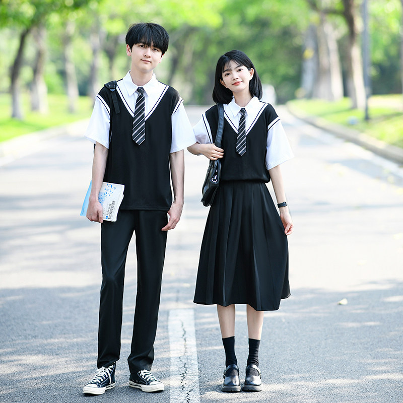 College-Style School Uniform Set, Short-Sleeved Fake Two-Piece Set, Summer Uniform for Junior High, High School, and Elementary School Students, Graduation Photo Performance Outfit