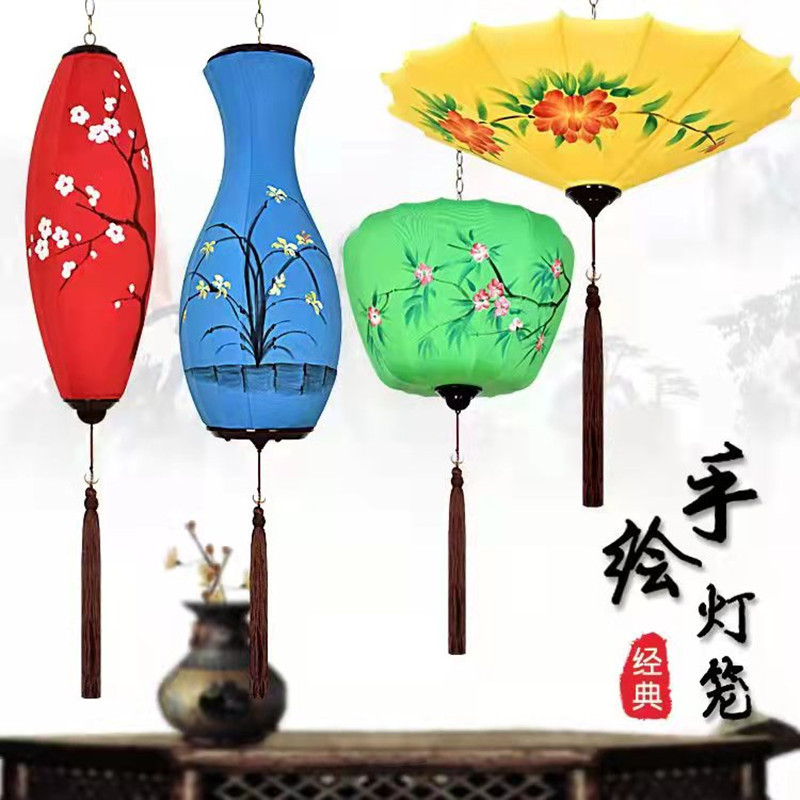 手绘布艺灯笼飞碟雨伞红色黄色发光吊灯新年火锅酒店古典灯具宫灯-阿里巴巴