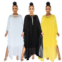 9498 欧美跨境亚马逊 宽松雪纺薄纱女装连衣裙 两件套