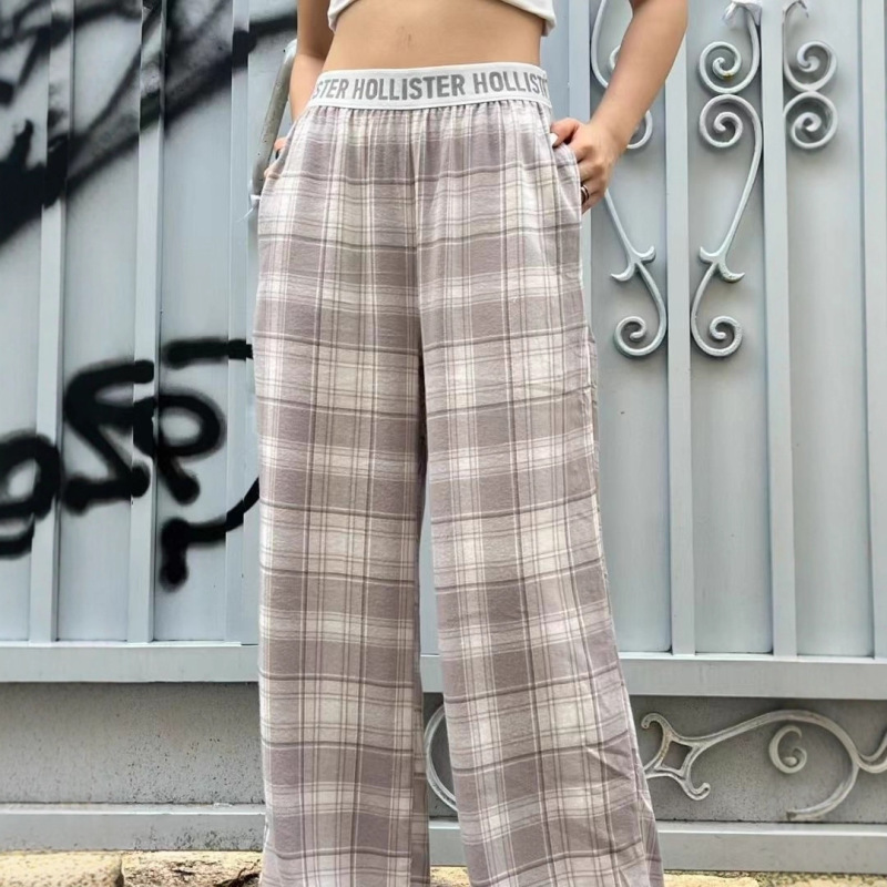 Korean Trendy Brand Hollister Small Seagull Sky Blue Plaid Letter Web Casual Versatile Long Pants Pajama Pants for Women Korean Trendy Brand Hollister Small Seagull Sky Blue Plaid Letter Web Casual Versatile Long Pants Pajama Pants for Women