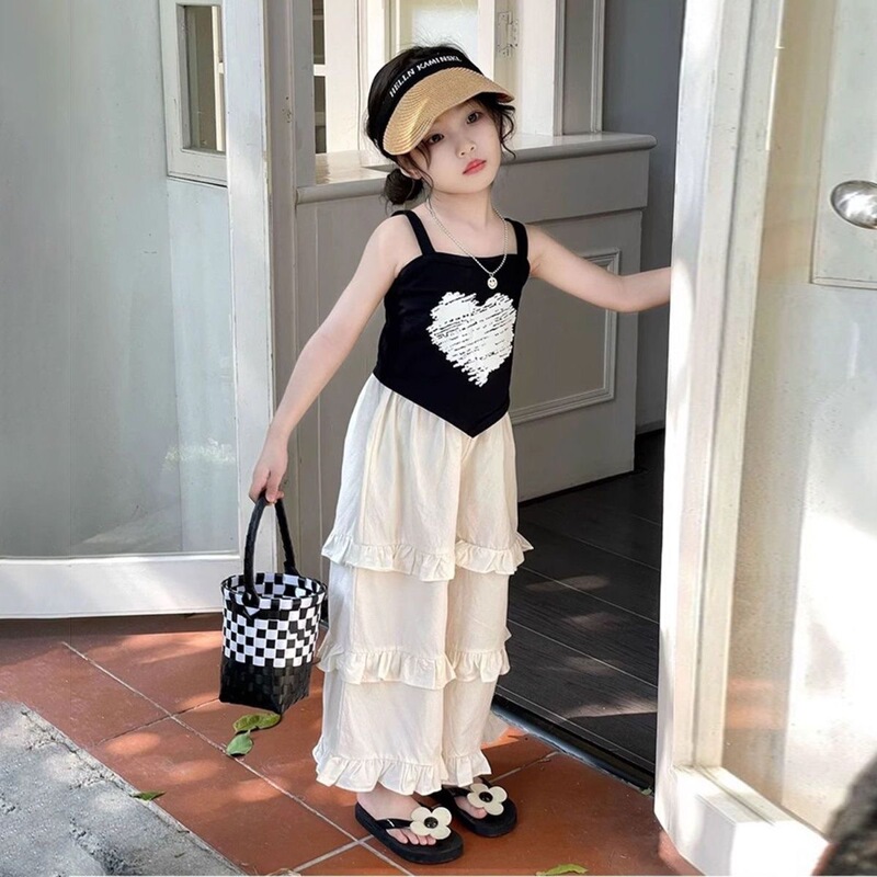 South Korea Children's Wear 2025 Summer New Black Irregular Heart Camisole Girls' Lotus Leaf Lace Wide Leg Pants