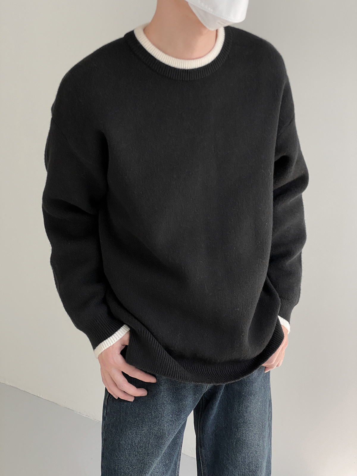 Cuello contraste Color Otoño e Invierno Nuevo suéter cuello redondo de los hombres color cálido suéter de desgaste exterior suelto estilo coreano de los hombres de moda de fondo