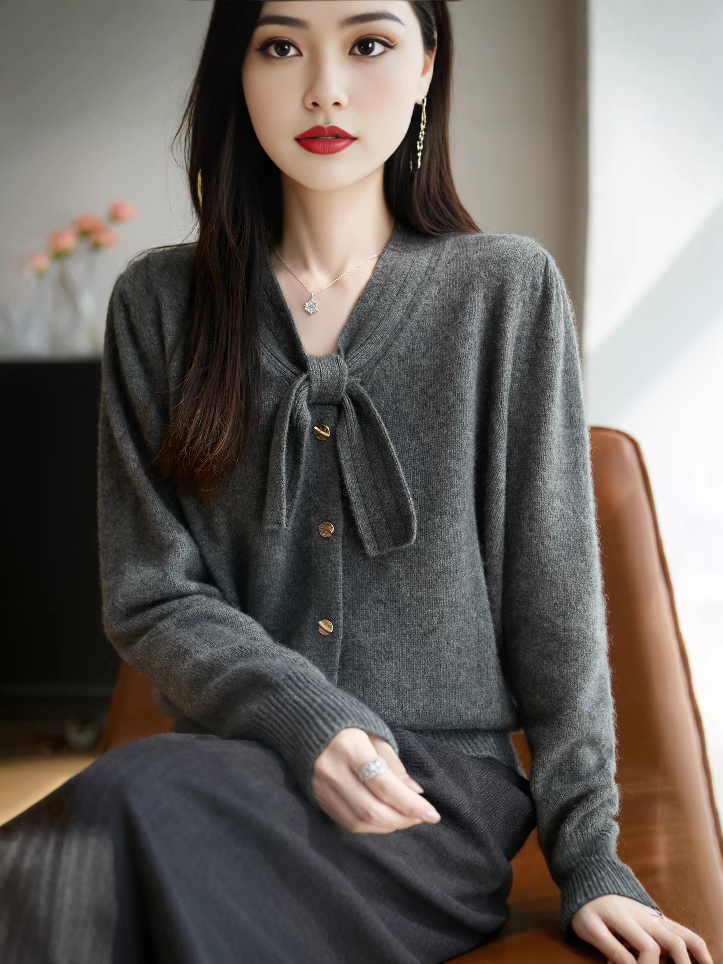 Áo cardigan nữ tay dài nơ bướm dáng rộng — màu xám