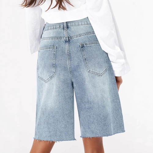 2025 Cross-border Summer New American High-Waist Retro Frayed Denim for Women Distressed Loose Hemmed Five-Pocket Pants