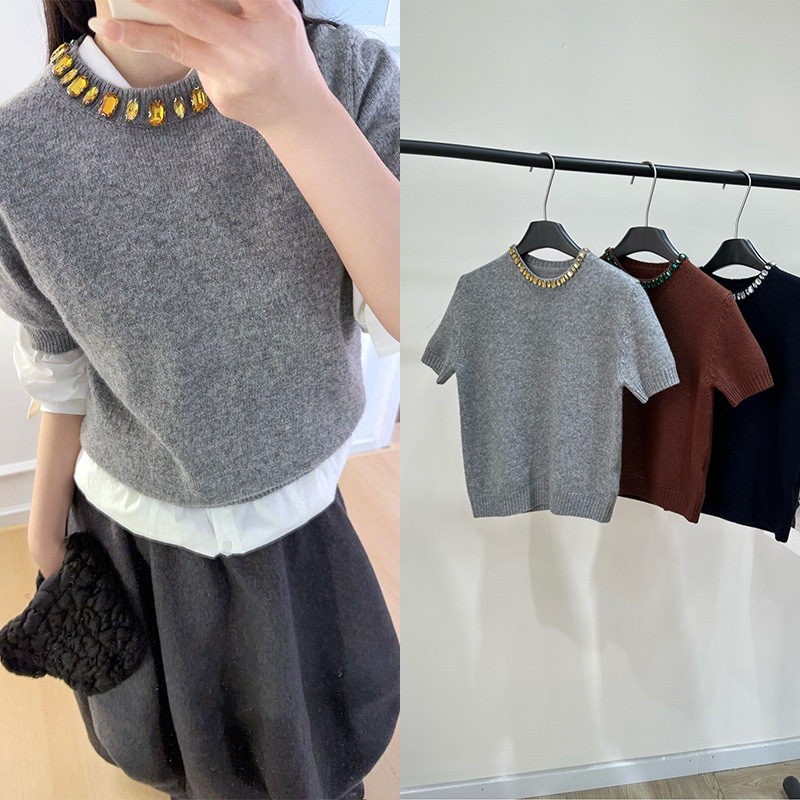 2025 Autumn/Winter Shenzhen Nanyou Three-Color Collar Rhinestone Wool Round Neck Knitted Short Sleeve Slim Fit Age-Reducing Women's Top