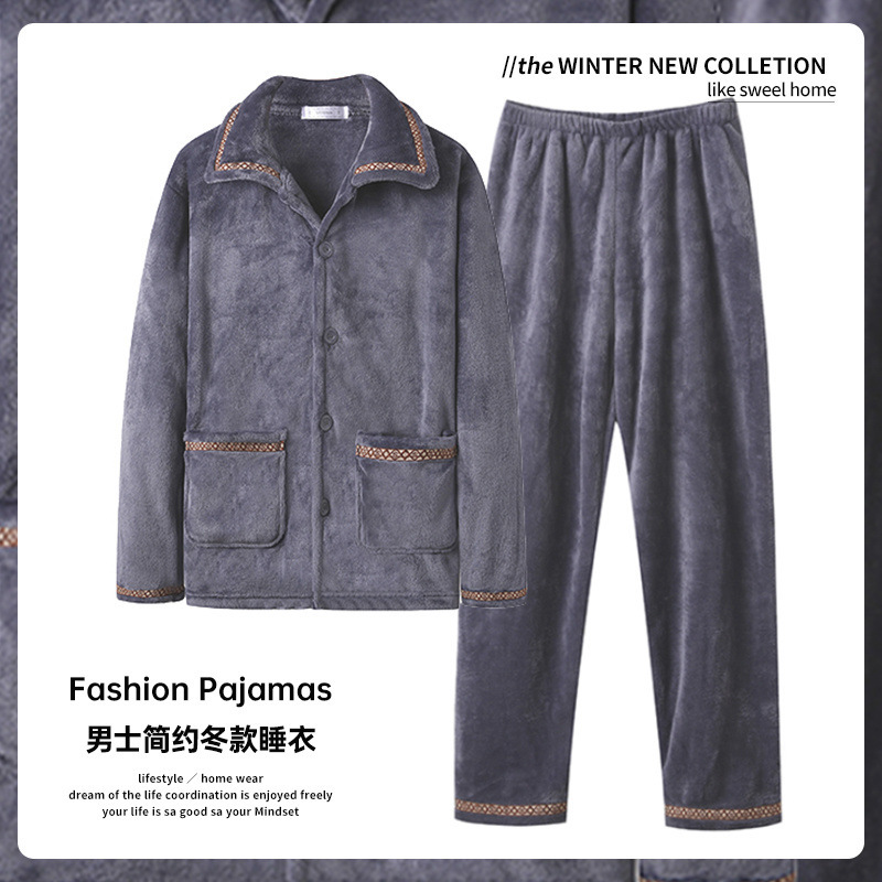 Otoño y invierno para hombres pijamas de terciopelo de coral gruesas con terciopelo de calor de manga larga franellas set de ropa de hogar se puede usar fuera