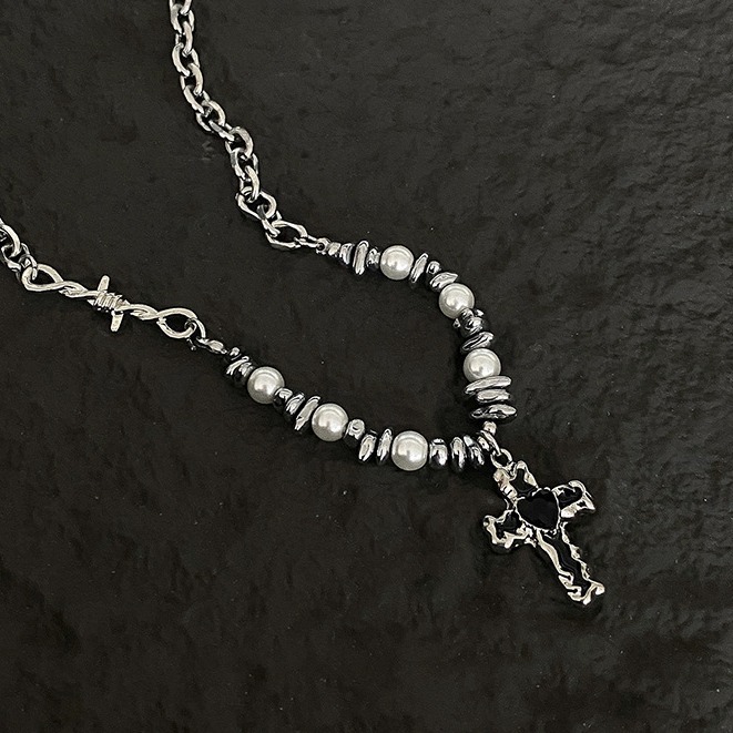 项链男十字架珍珠高级感百搭嘻哈不规则配饰女潮夏季新款简约饰品