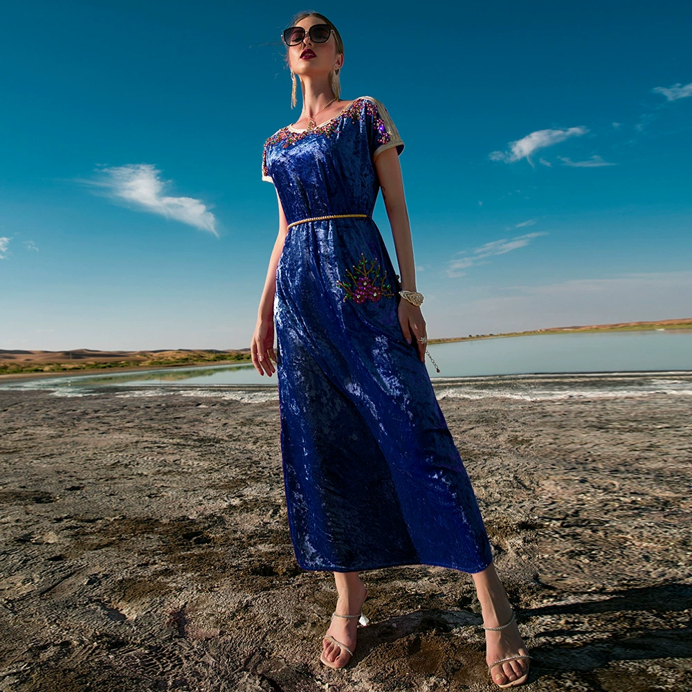 BA7007 Мусульманское длинное платье темно-синего цвета с снежинками, бархатное платье с ручной вышивкой стразами, осенне-зимний стиль для женщин