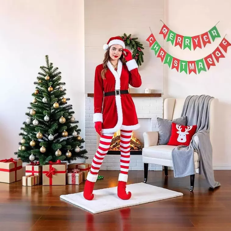 圣诞节女式红色圣诞老人服装演出服连衣裙成人圣诞派对礼品服装