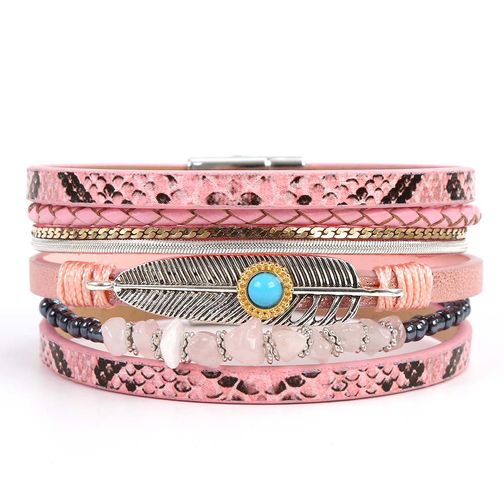 Leather Beaded Bracelet With Boho Feather And Turquoise Charm_voghion.com