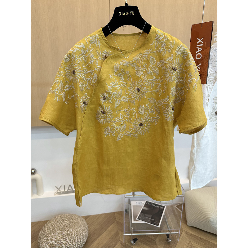 ハイエンドヨーロッパ夏の新しいスタイルのハイエンドファッション重工業国民風刺繍純粋なラミーラウンドネック半袖シャツトップス女性用|undefined