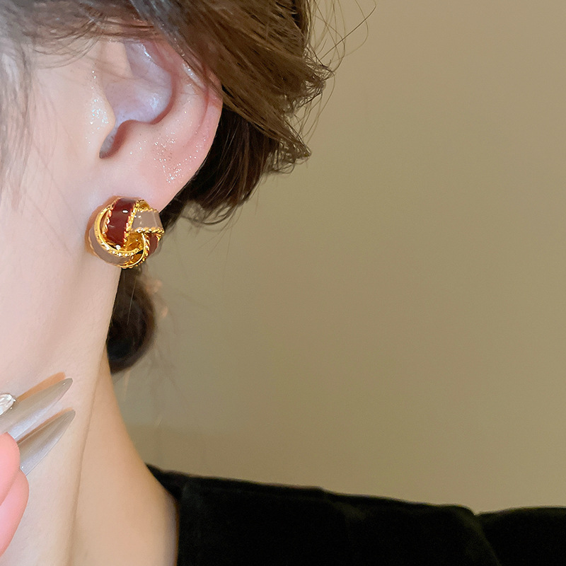 Silver Needle Oil Dropping Fried Dough Twists Cross Round Earrings Female Personality Earrings Temperament Earrings Small And High_voghion.com