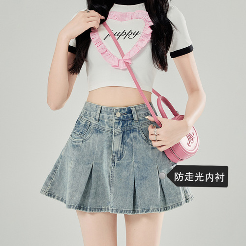 Light Blue Denim A-Line Pleated Skirt with High Waist for Spring and Summer, Shows Legs, Hot Girl Short Skirt