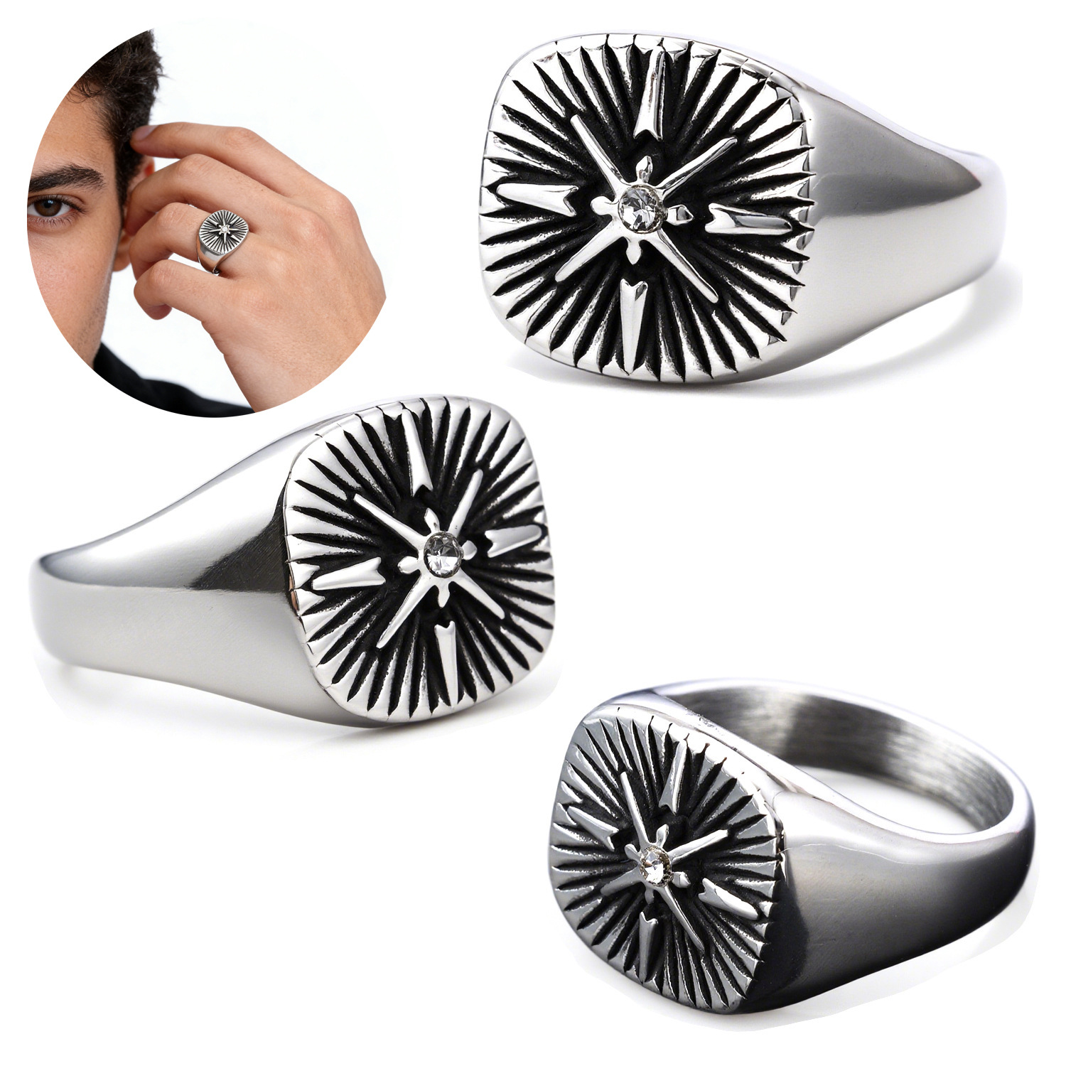 2026 European and American Hot-Selling Nordic Navigator Compass Cross Viking Ring Personalized Stainless Steel Men's Ring