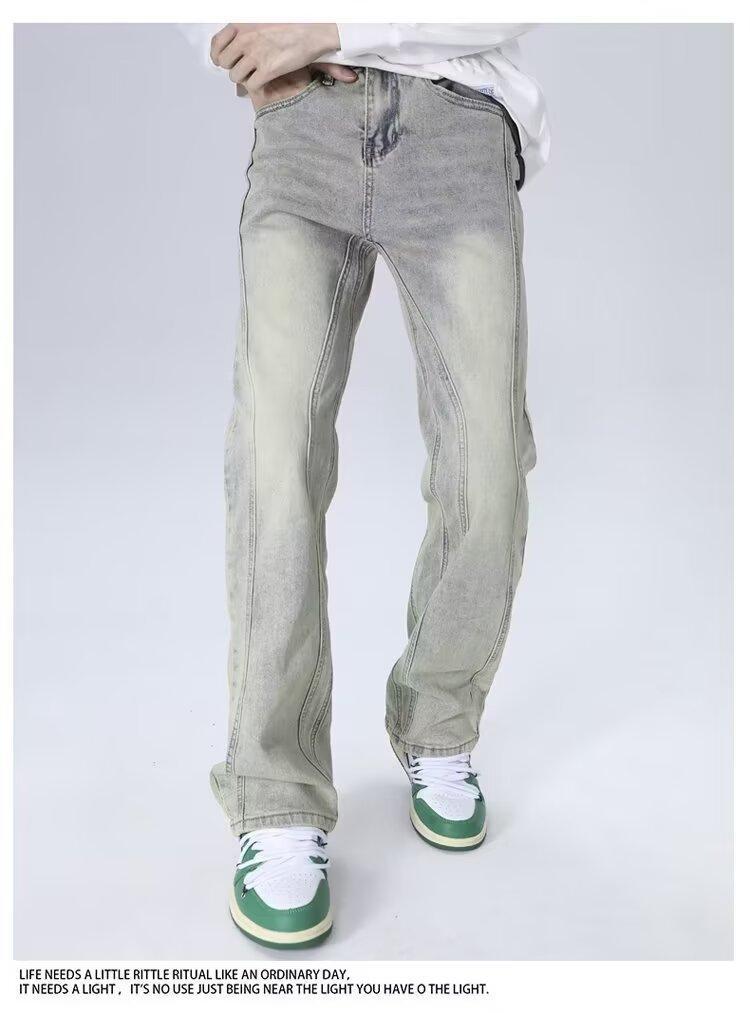 Men's Washed Distressed High Street Jeans Yellow Mud Dye Loose Straight Leg Niche Trendy Clothing_mkmklike.com