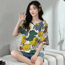 睡衣女夏款纯棉短袖短裤夏季印花宽松女士休闲家居服套装圆领套头