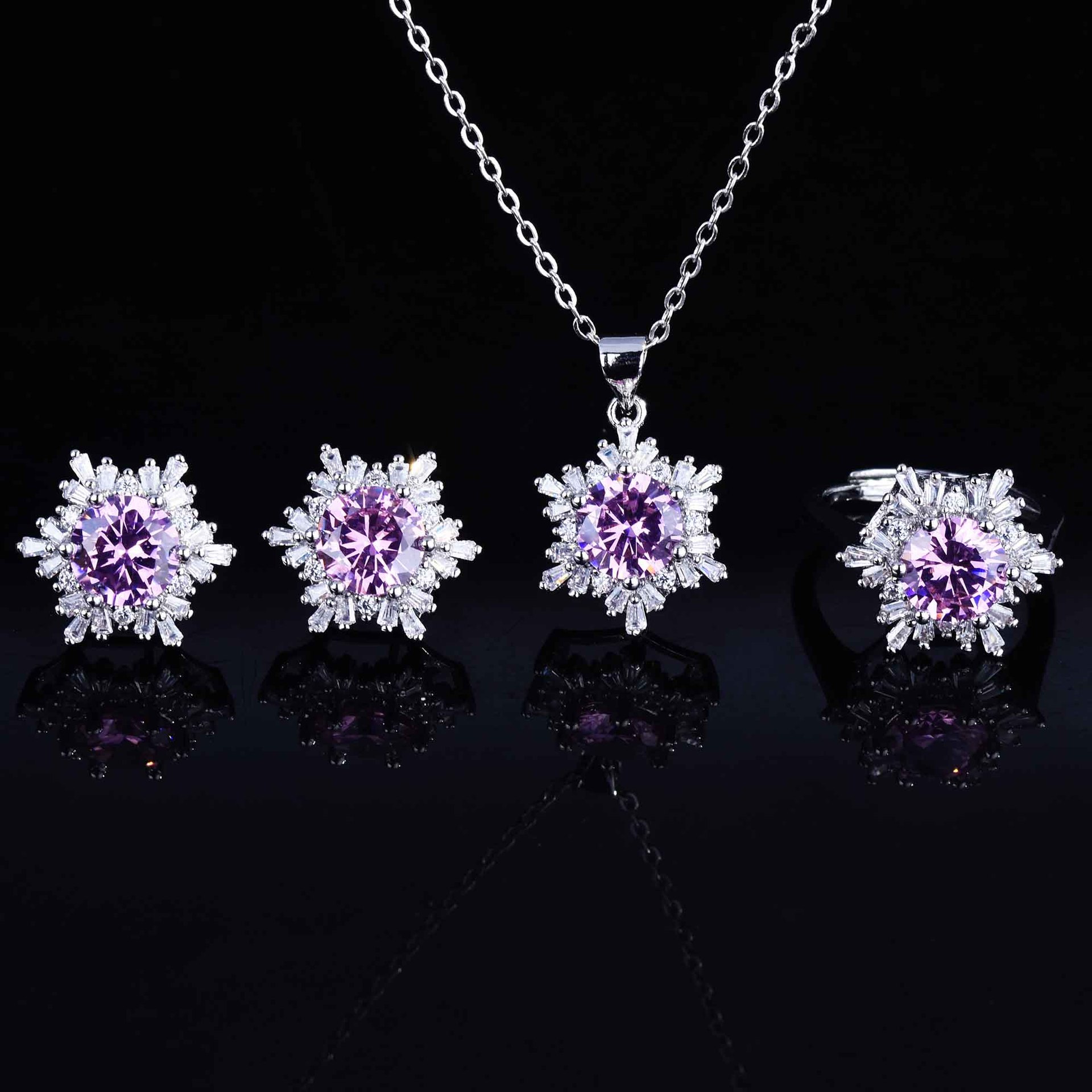 European And American Bride Ornament Dance Ladies Full Rhinestone Zircon Necklace Earring Ring Creative Snowflake Colored Gems Set display picture 9