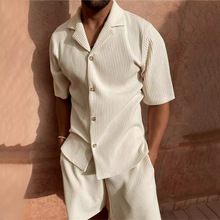 新款灯芯绒休闲翻领短裤套装 运动男式纯色T恤短裤跑步训练套装