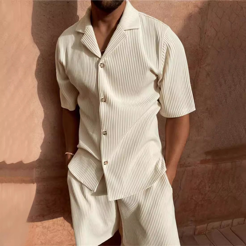 New Corduroy Casual Lapel Shorts Suit Sports Men's Pure Color T-Shirt Shorts Running Training Suit