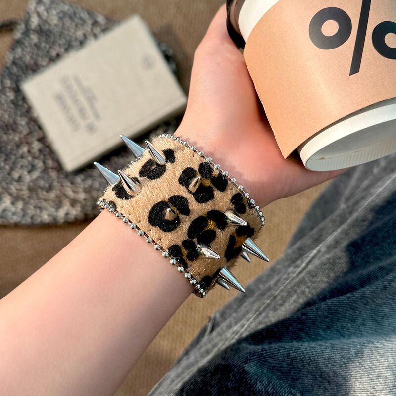 European and American Rivet Hip-Hop Wide Bracelet for Women, Retro Western Leopard Print Spicy Girl Y2K Niche Leather Wasteland Style Bracelet European and American Rivet Hip-Hop Wide Bracelet for Women, Retro Western Leopard Print Spicy Girl Y2K Niche Leather Wasteland Style Bracelet