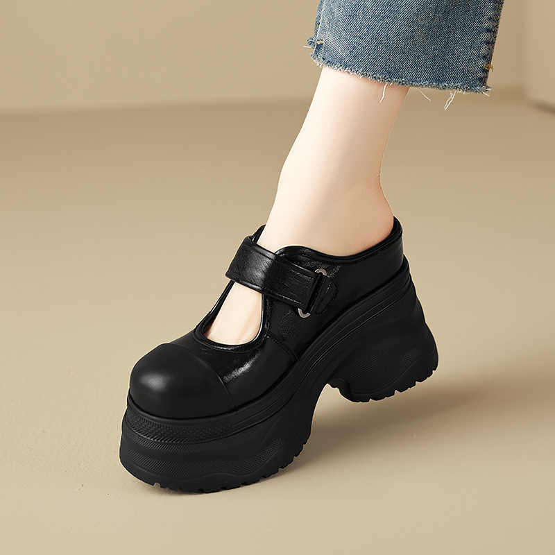 Yichuan Shoes ~ Genuine Leather Height-Increasing 12cm Thick-Soled Slippers for Women, Lightweight Outdoor Sandals, Platform High-Heeled Closed-Toe Sandals