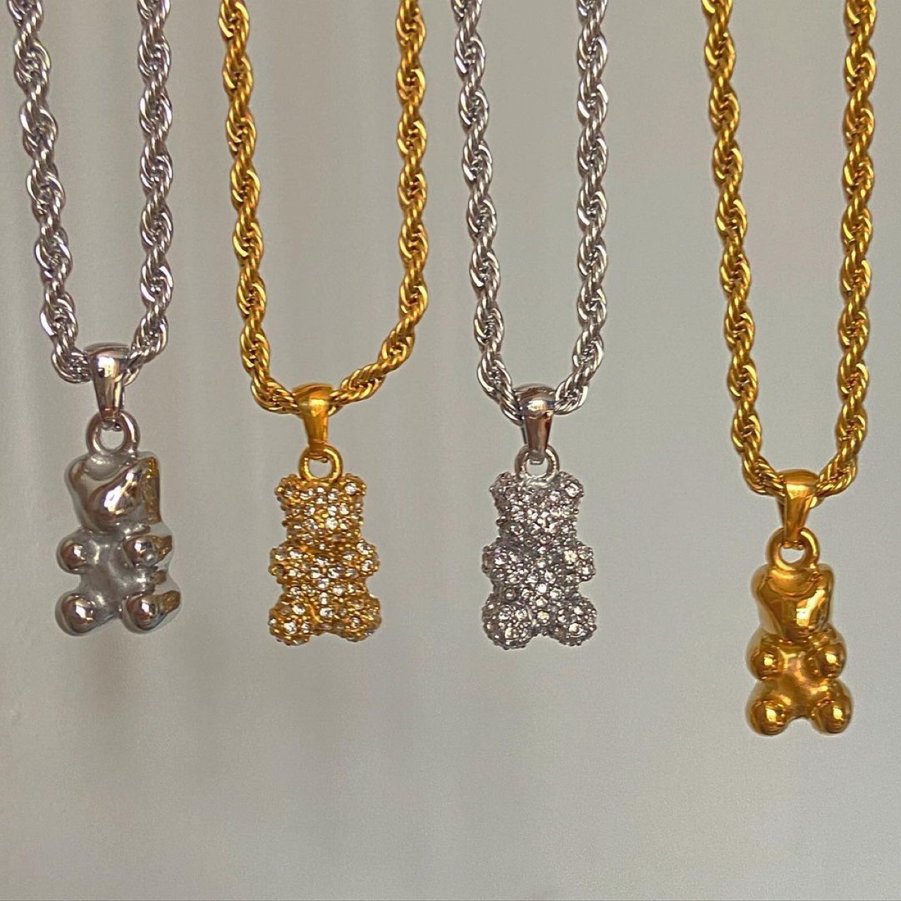 Carnival, Street Occasion Wholesale Jewelry Casual Little Bear 304 Stainless Steel Rhinestones Animal Diamond Hemp Flowers Chain Pendant Necklace
