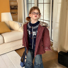 2025冬季新款女童豹纹连帽简约时尚风衣棉服外套棉衣