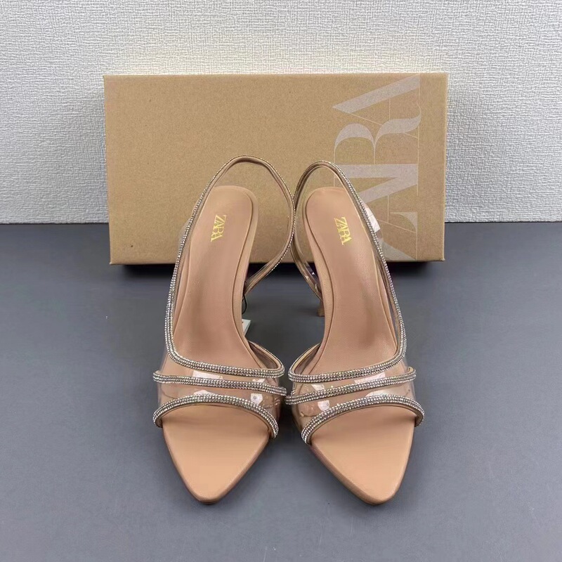 ZA2024 summer new women's shoes natural color light inlaid high heels stiletto sandals transparent pointed shoes