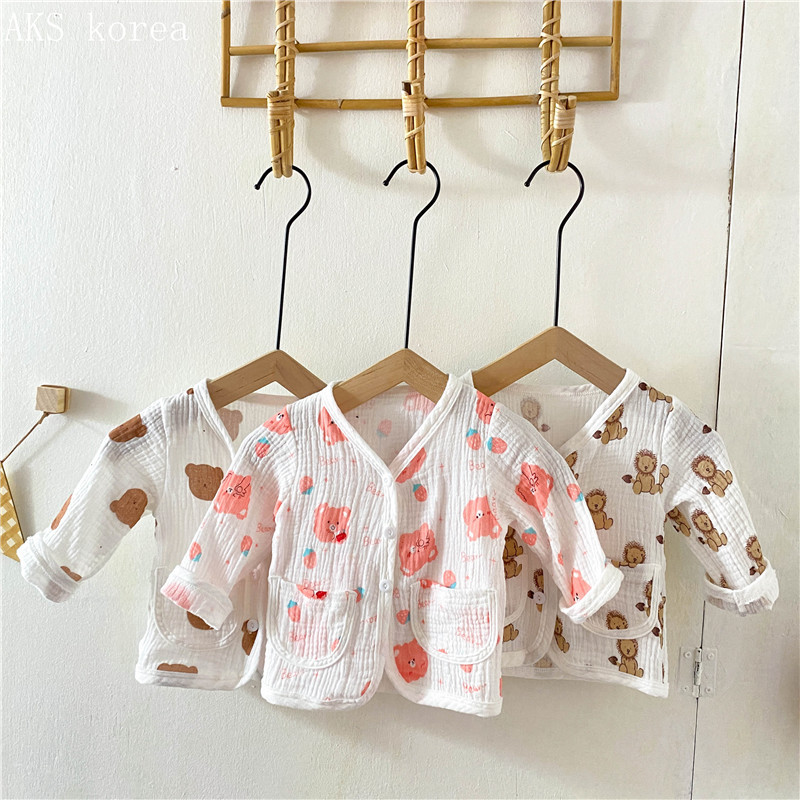 한국식 아동복 면 거즈 곰 스타일 긴팔 코트 봄, 가을 간단한 긴팔 코트 남성과 여성 유행 가디건