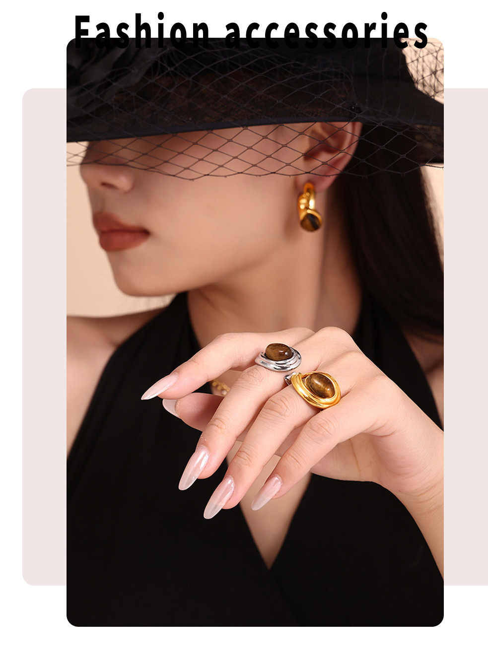Retro Tiger Eye Stone Hoop Earrings & Open Ring Set Gold Plated_voghion.com