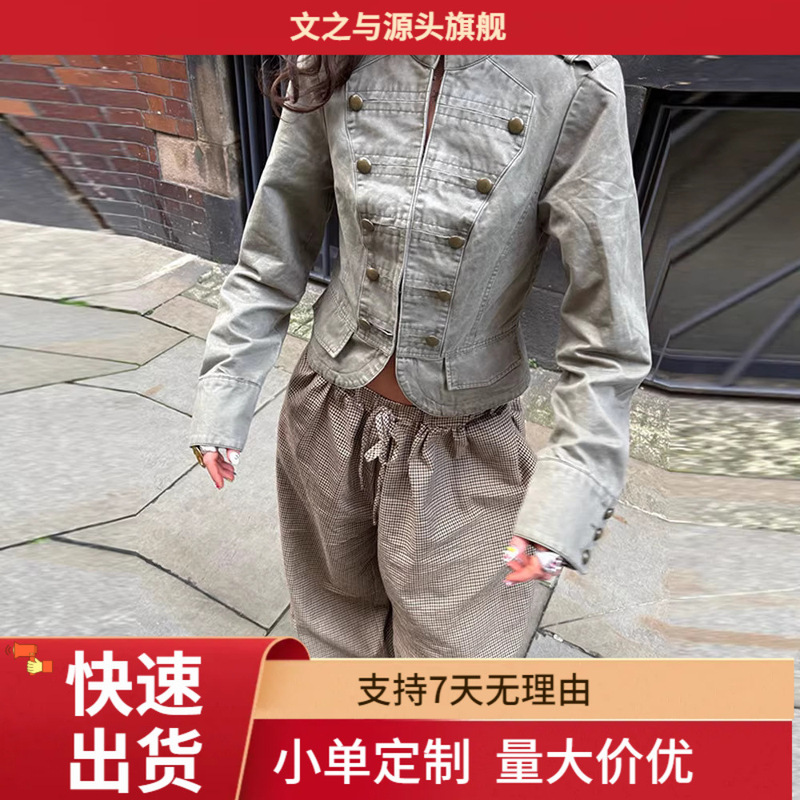 European and American Cross-Border Vintage-Style Washed Military-Inspired Stand-Collar Buttoned Waist-Cinching Workwear Denim Jacket for Women, Summer