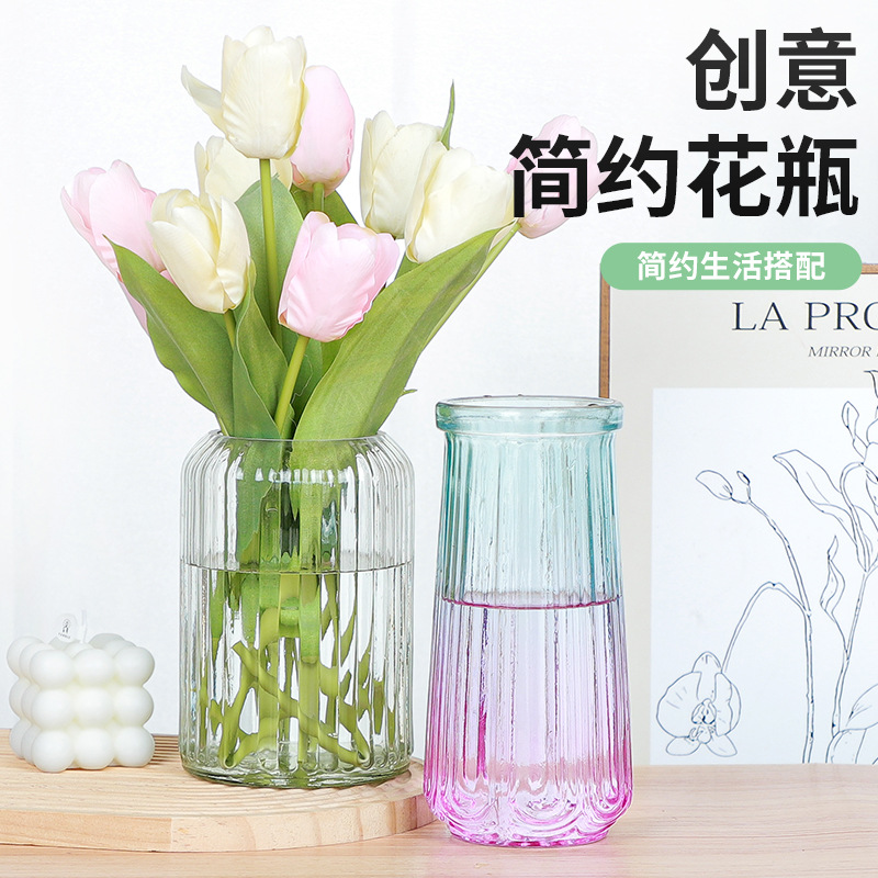 Venta al por mayor precio especial nórdico estilo ins jarrón de vidrio bambú rico agua flor arreglo floral combinación retro decoración de escritorio