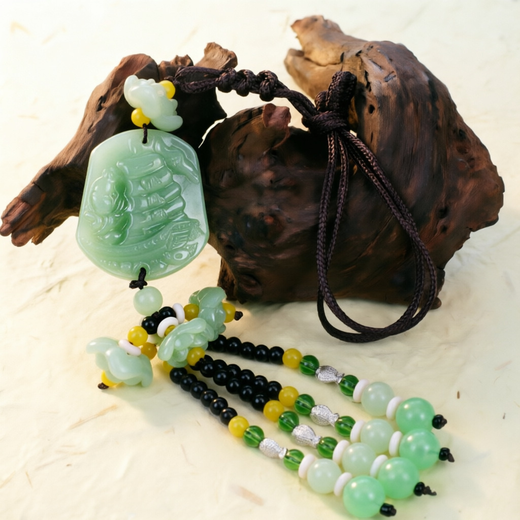 Double-Sided Light Green Jade Pendant with Safe Journey Symbol, Gourd, Pixiu, Guanyin, Maitreya Buddha, and Lotus Design for Car Decoration