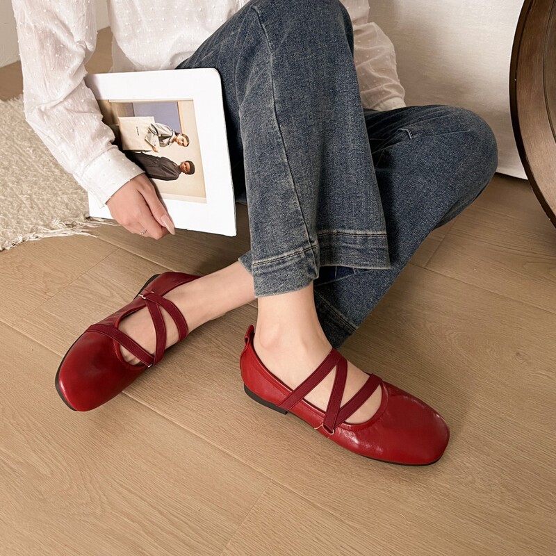 Sheepskin Version~French-Style Cross-Strap Red Mary Jane Shoes, Flat Shoes for Women, Shallow Mouth Evening Fairy Ballet Shoes Sheepskin Version~French-Style Cross-Strap Red Mary Jane Shoes, Flat Shoes for Women, Shallow Mouth Evening Fairy Ballet Shoes