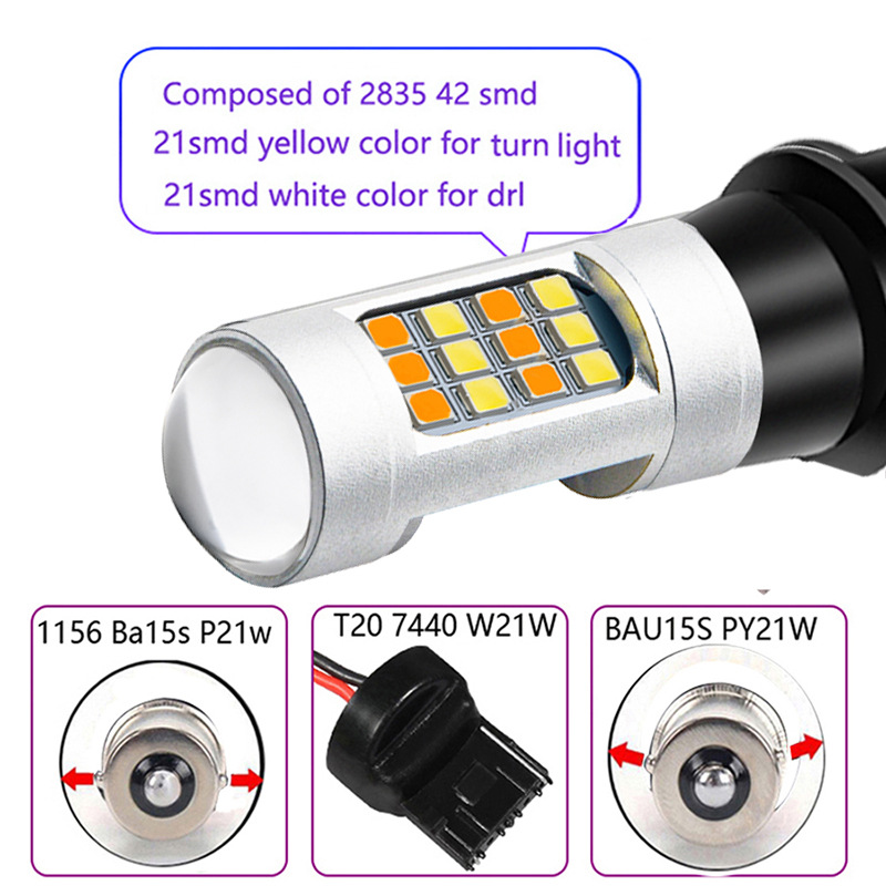 LED luz del coche de dos colores luz de giro luz diurna BA15s T20 7440 2835 42smd con decodificación traje