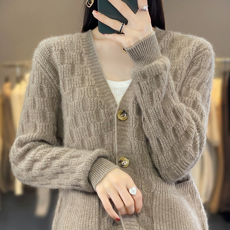 Demi-season sweater, jacket, knitted woolen cardigan, loose fit, V-neckline, plus size