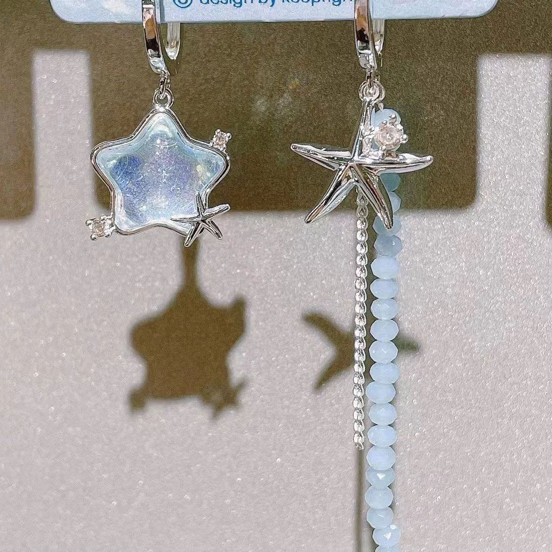 Summer marine asymmetrical long earrings with tassels
