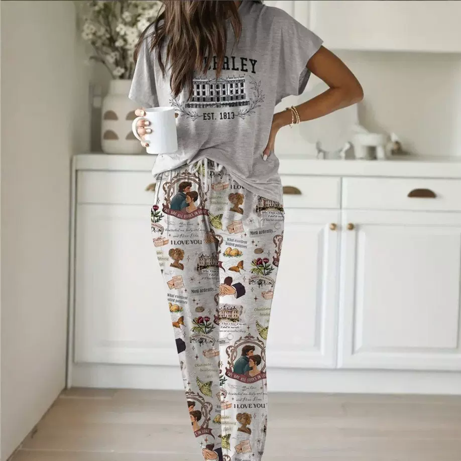 2025新款仿棉休闲时尚舒适印花抽绳松紧腰短袖长裤家居服套装